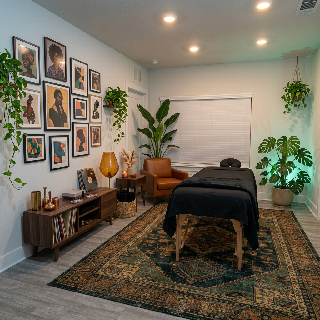 Knead to Melt massage room with black linens, plants, and gallery art